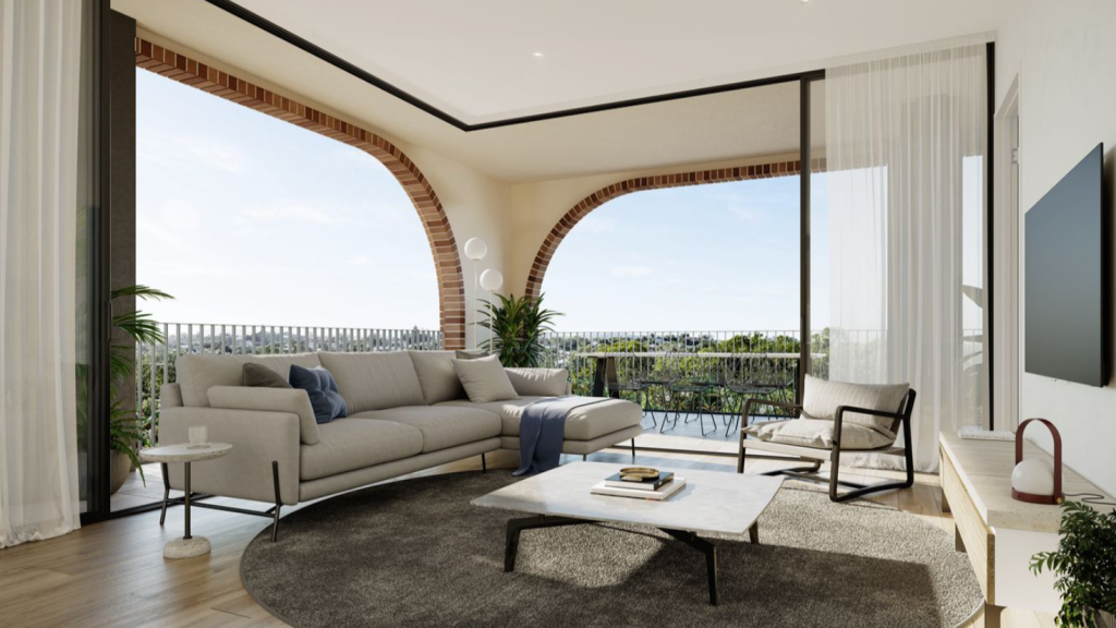 A render of a modern apartment balcony at Brickworks Park